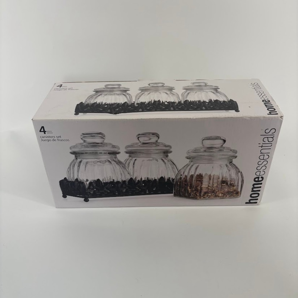 Home Essentials by Kirklands NIB 4 Canisters set Glass Sealed‎ Lid Metal Tray